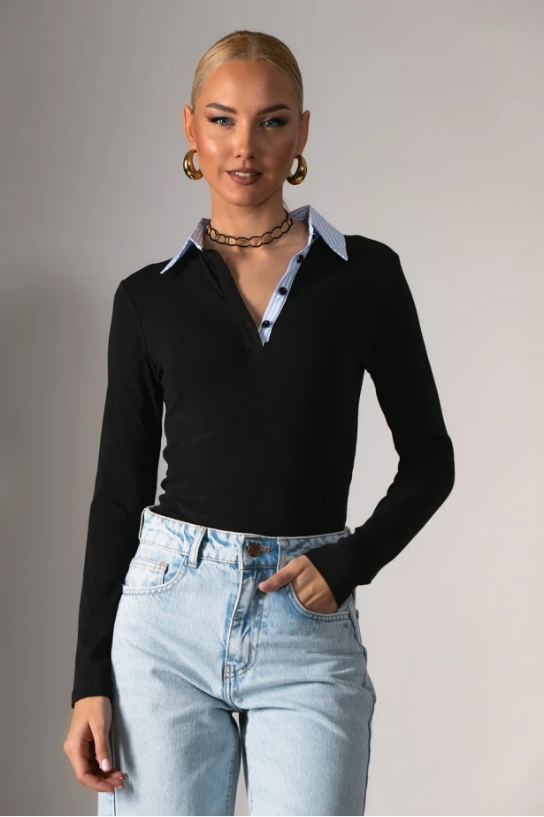 Kορμάκι με ριγέ γιακά και κουμπί μαύρο 