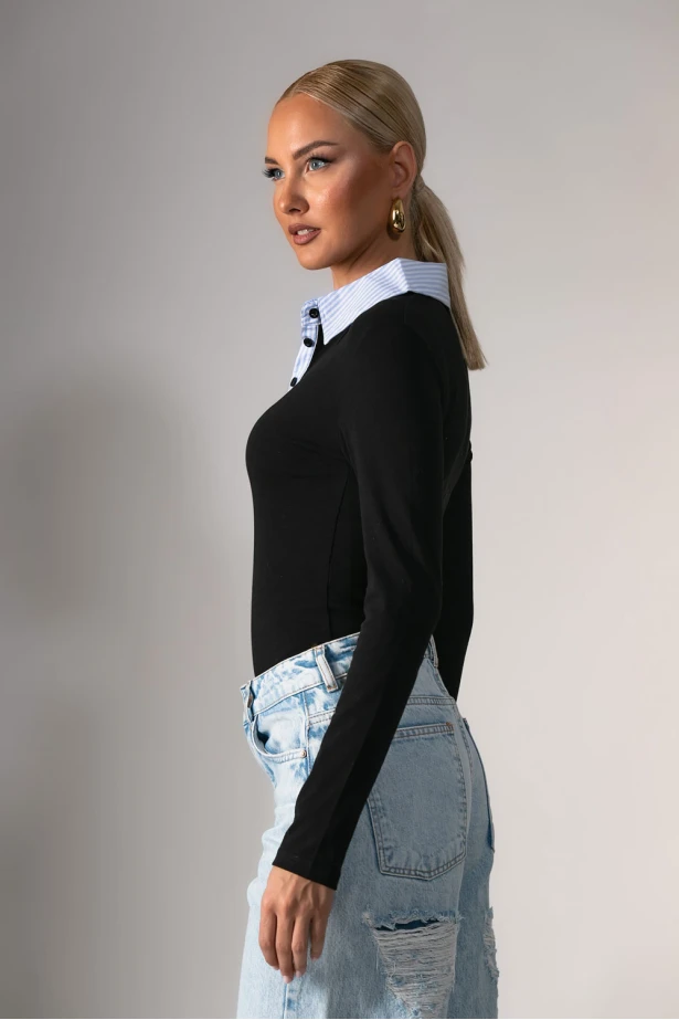 Kορμάκι με ριγέ γιακά και κουμπί μαύρο 