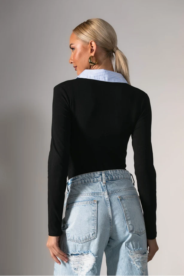 Kορμάκι με ριγέ γιακά και κουμπί μαύρο 