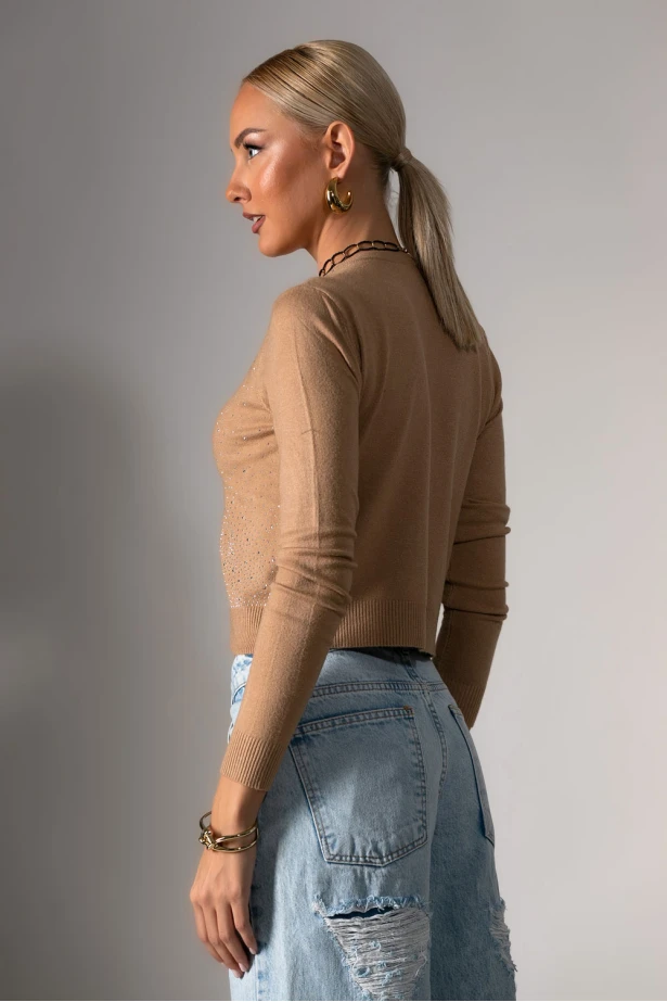 Cropped μπλούζα με στρας μπεζ