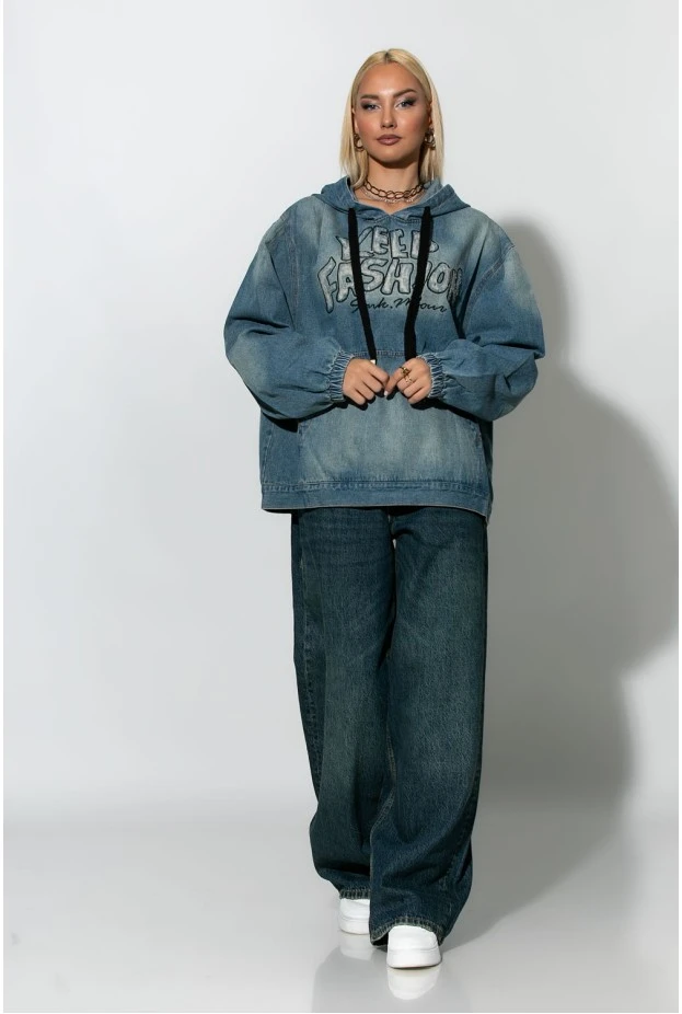 Oversized jean μπλούζα με κουκούλα μπλε 