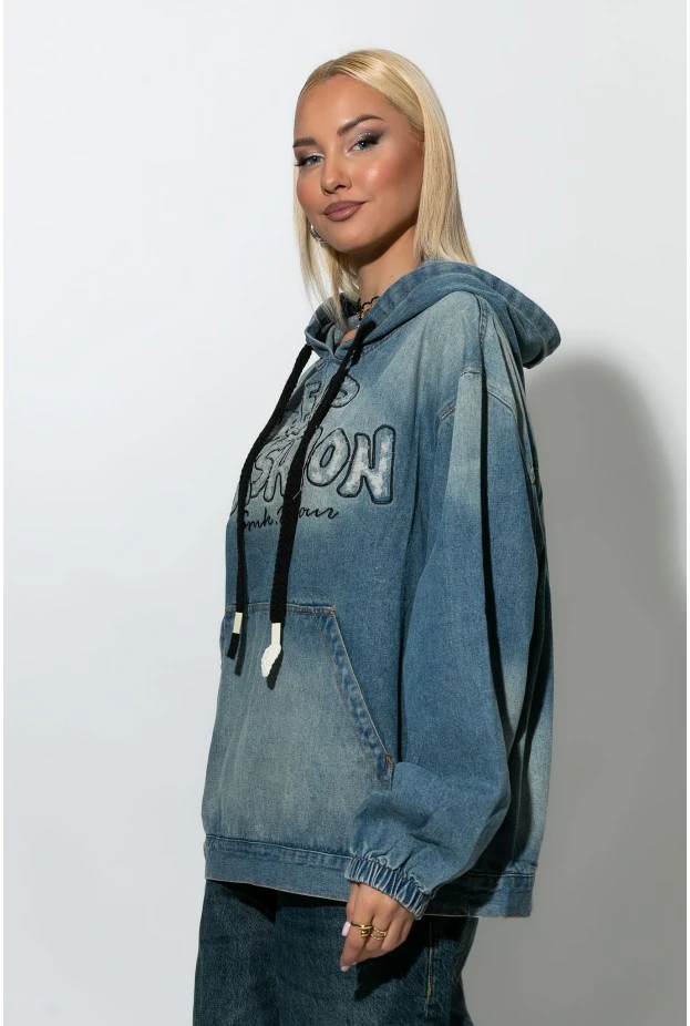 Oversized jean μπλούζα με κουκούλα μπλε 