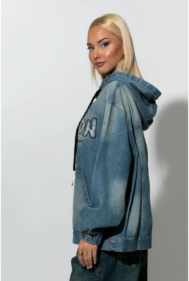Oversized jean μπλούζα με κουκούλα μπλε 