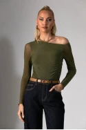 Μπλούζα με έναν ώμο και διαφάνεια στην πίσω όψη χακί