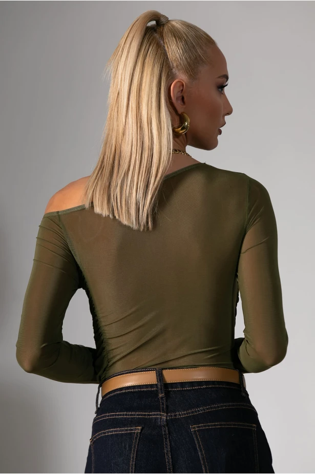 Μπλούζα με έναν ώμο και διαφάνεια στην πίσω όψη χακί