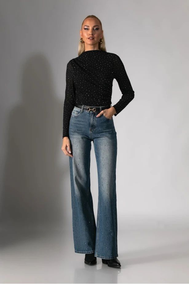 Kορμάκι διαφάνεια ντραπέ με στρας μαύρο 