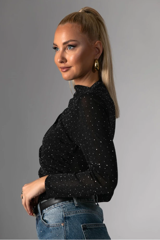 Kορμάκι διαφάνεια ντραπέ με στρας μαύρο 