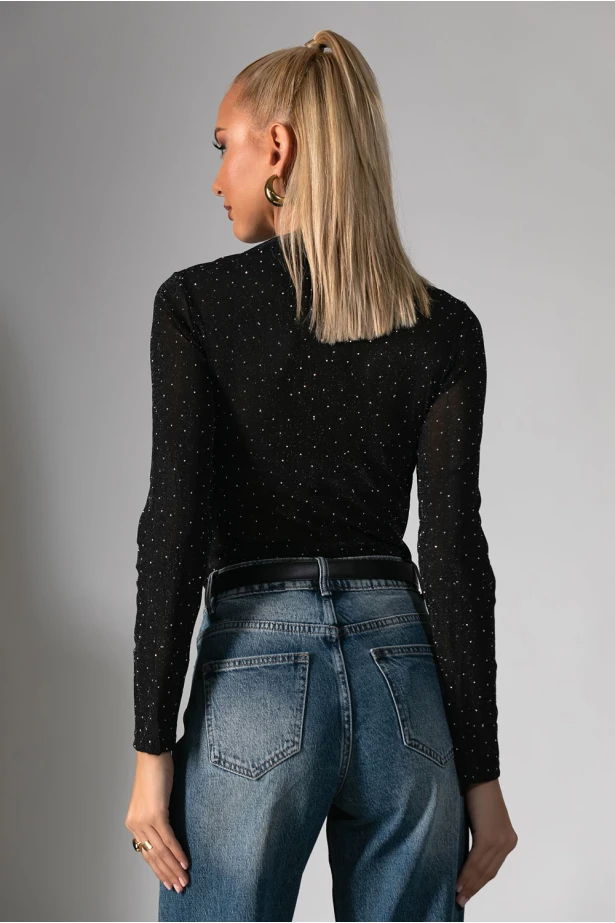 Kορμάκι διαφάνεια ντραπέ με στρας μαύρο 