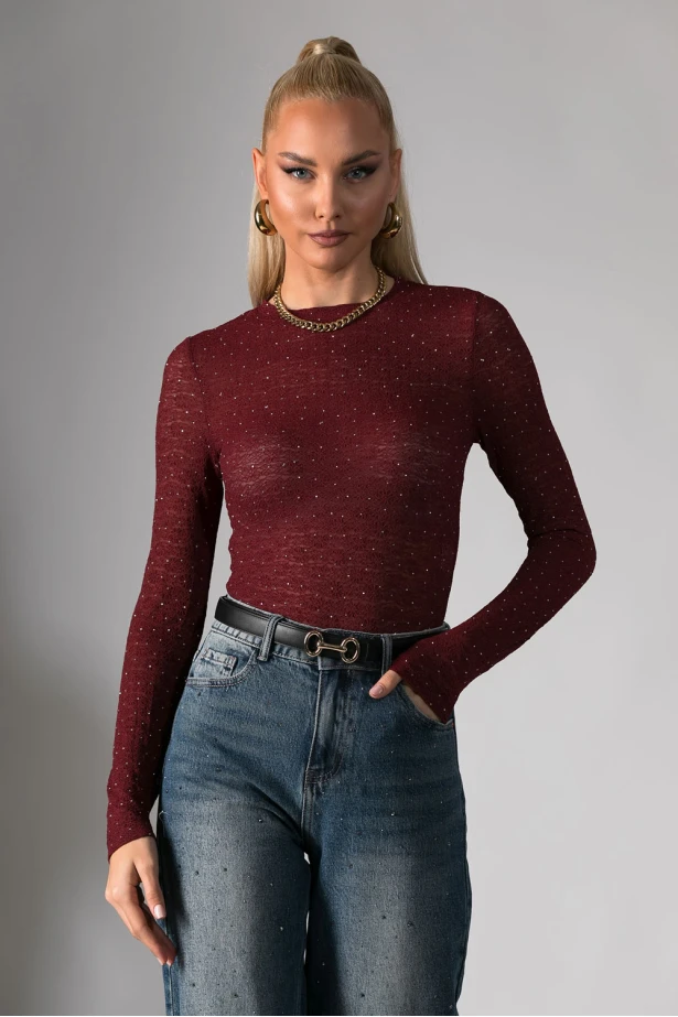 Kορμάκι δαντέλα με στρας μπορντό