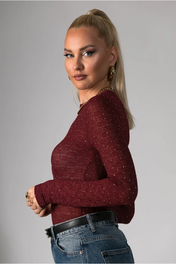 Kορμάκι δαντέλα με στρας μπορντό