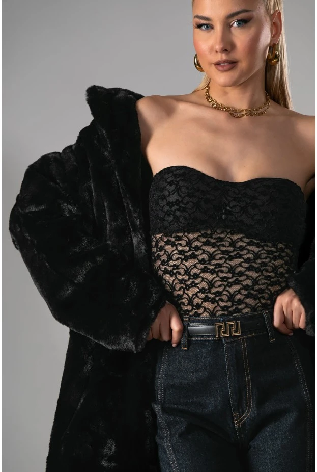 Strapless κορμάκι δαντέλα με cups μαύρο