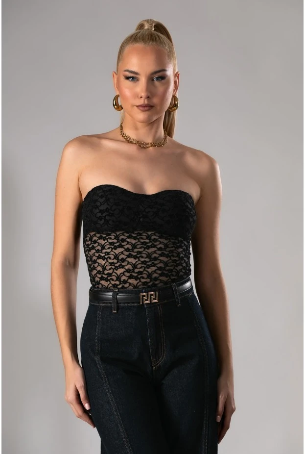 Strapless κορμάκι δαντέλα με cups μαύρο