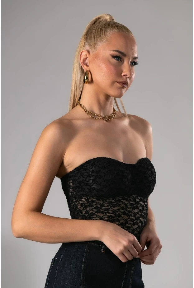 Strapless κορμάκι δαντέλα με cups μαύρο