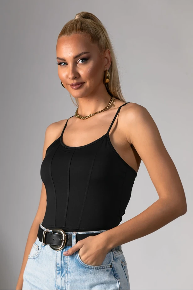 Kορμάκι τιραντέ με σχέδιο ραφές μαύρο