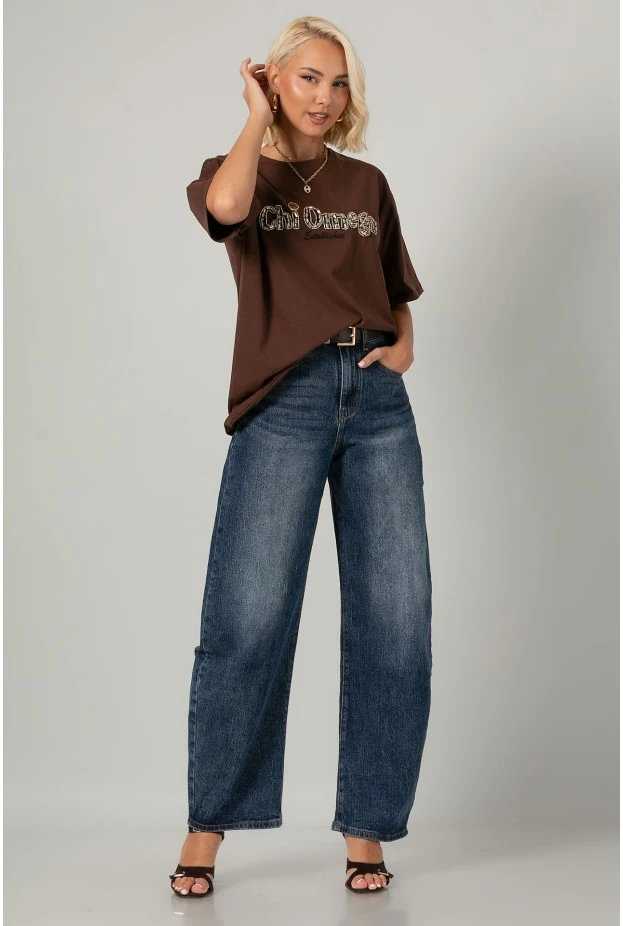 T-shirt oversized με στράς chi omega καφέ
