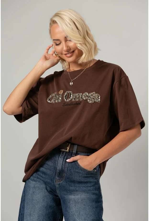 T-shirt oversized με στράς chi omega καφέ