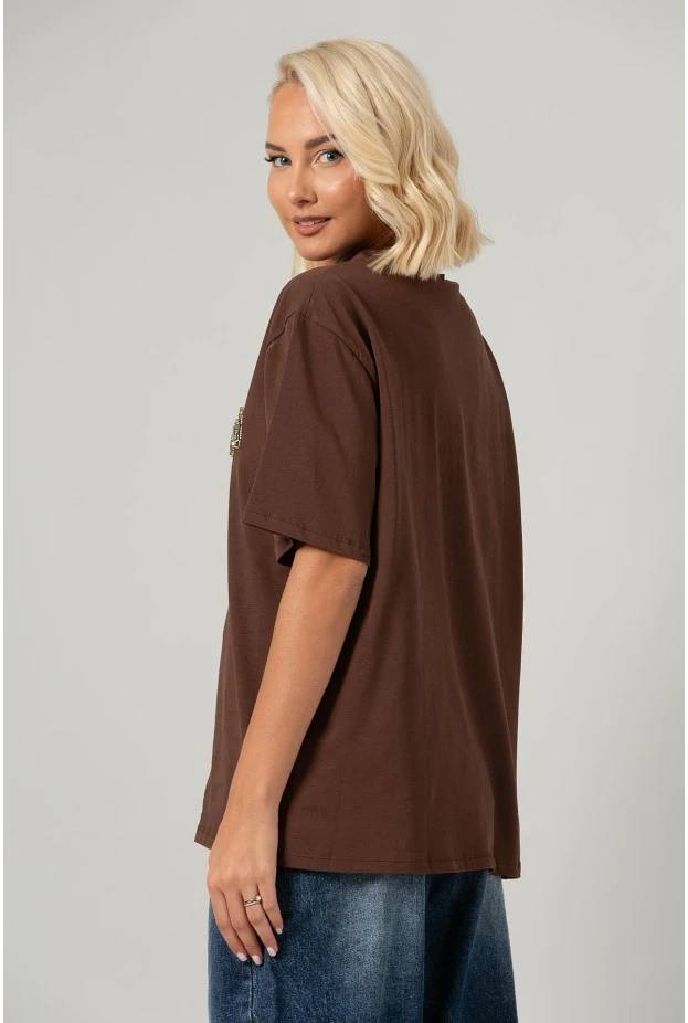 T-shirt oversized με στράς chi omega καφέ