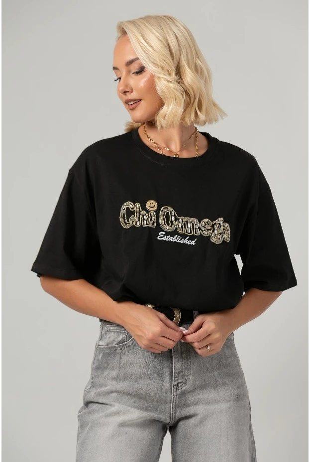 T-shirt oversized με στράς chi omega μαύρο