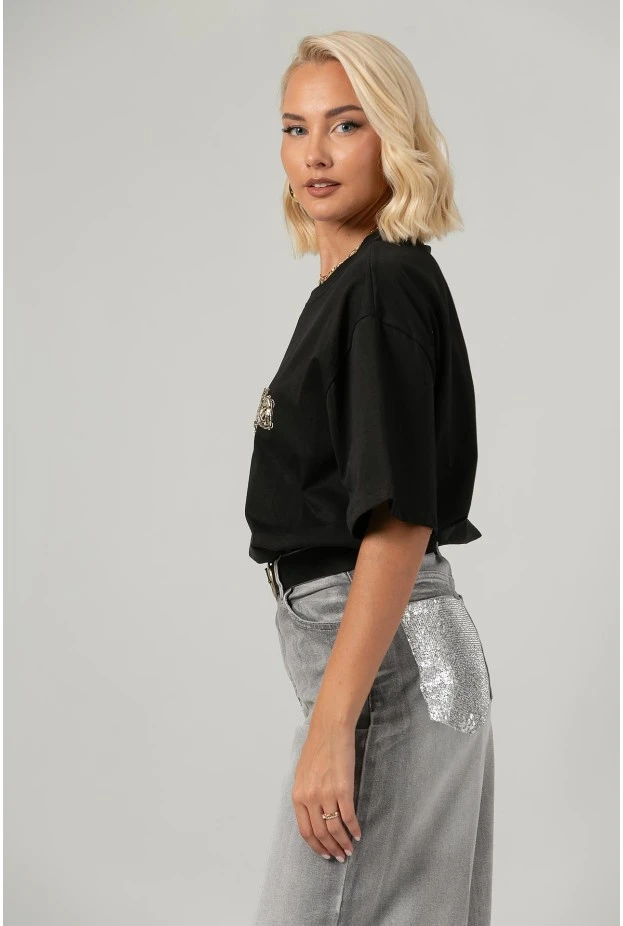 T-shirt oversized με στράς chi omega μαύρο