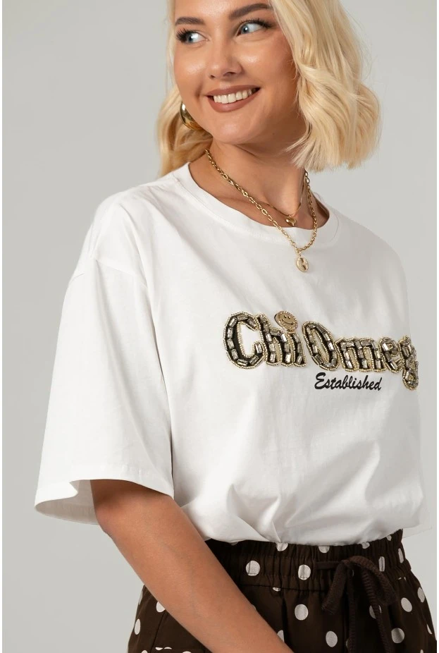 T-shirt oversized με στράς chi omega λευκό