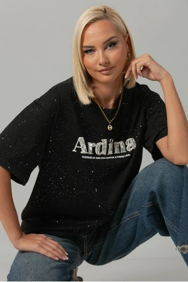 T-shirt oversized με χρυσόσκονη και στράς ardina μαύρο