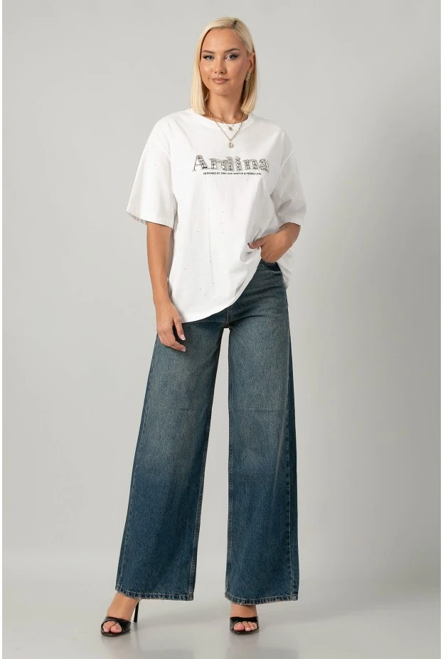 T-shirt oversized με χρυσόσκονη και στράς ardina λευκό