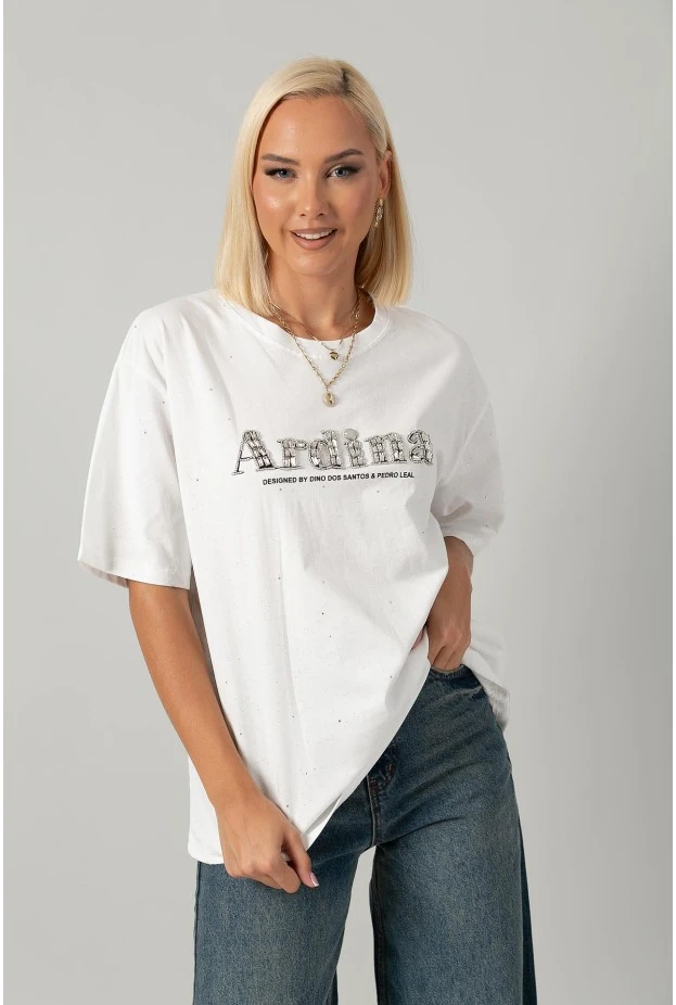 T-shirt oversized με χρυσόσκονη και στράς ardina λευκό