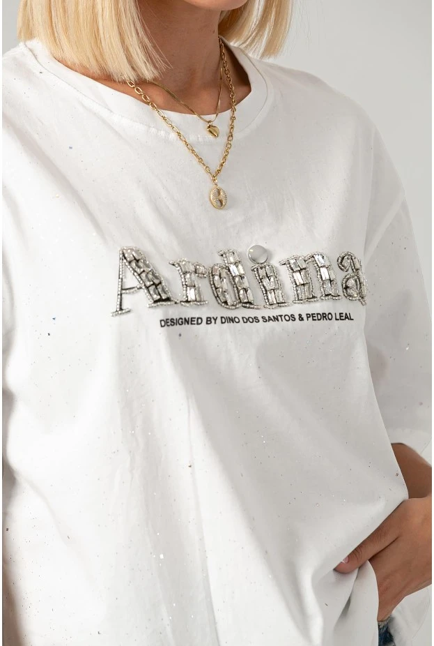 T-shirt oversized με χρυσόσκονη και στράς ardina λευκό