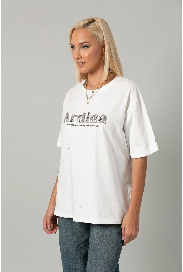 T-shirt oversized με χρυσόσκονη και στράς ardina λευκό