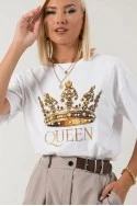 T-shirt με στάμπα queen στρας και πέρλες λευκό-καφέ