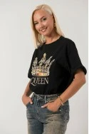 T-shirt με στάμπα queen στρας και πέρλες μαύρο