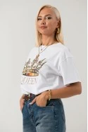 T-shirt με στάμπα queen στρας και πέρλες λευκό