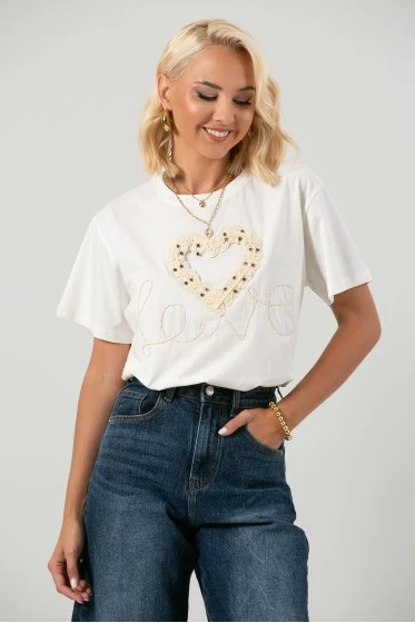 T-shirt με κέντημα καρδιά καφέ