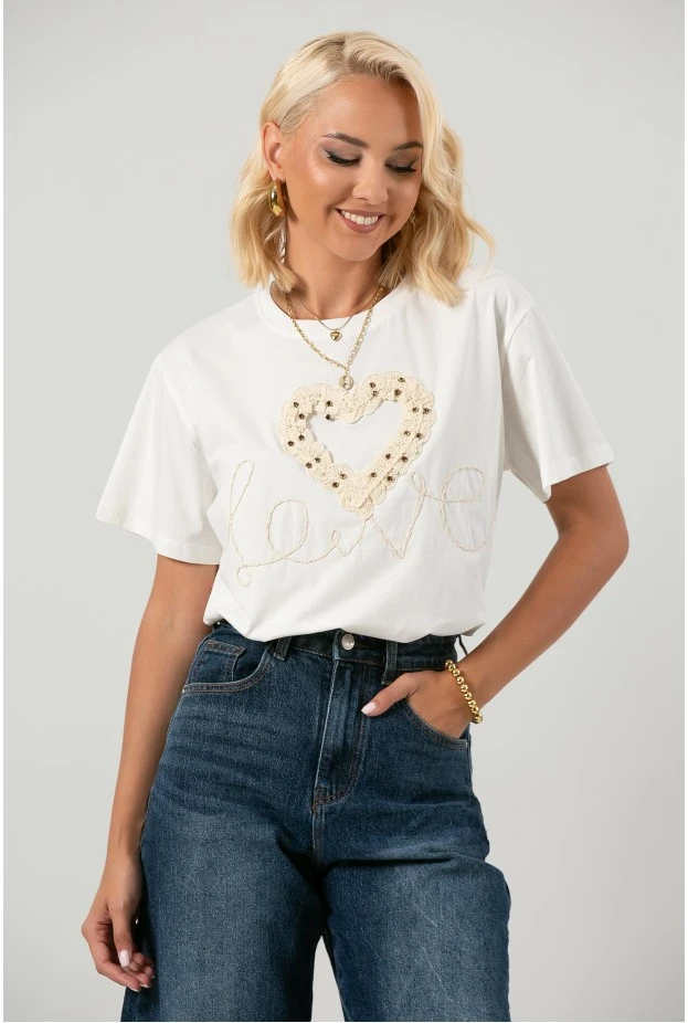 T-shirt με κέντημα καρδιά λευκό