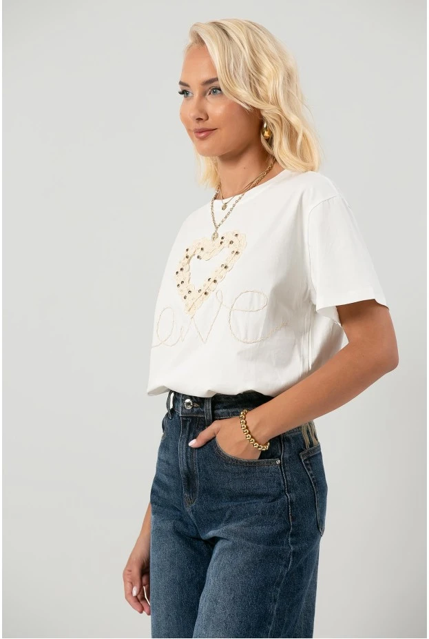 T-shirt με κέντημα καρδιά λευκό