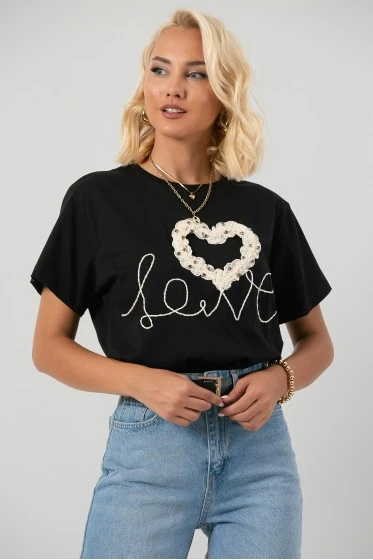 T-shirt με κέντημα καρδιά καφέ
