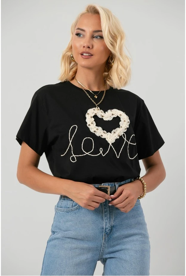 T-shirt με κέντημα καρδιά μαύρο
