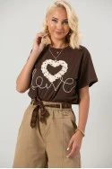T-shirt με κέντημα καρδιά καφέ