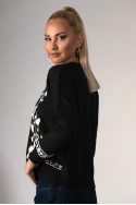 Πλεκτή μπλούζα με λουλούδια και στρας μαύρο 