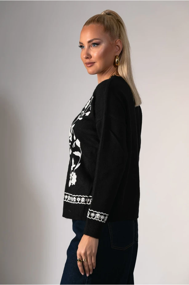 Πλεκτή μπλούζα με λουλούδια και στρας μαύρο 