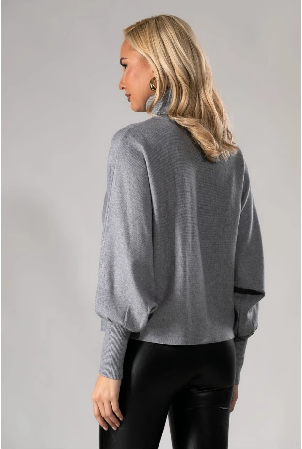 Πλεκτή μπλούζα ζιβάγκο με balloon μανίκια γκρι