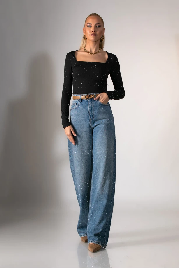 Kορμάκι με τετράγωνη λαιμόκοψη και στρας μαύρο