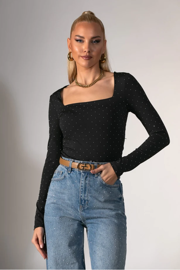 Kορμάκι με τετράγωνη λαιμόκοψη και στρας μαύρο