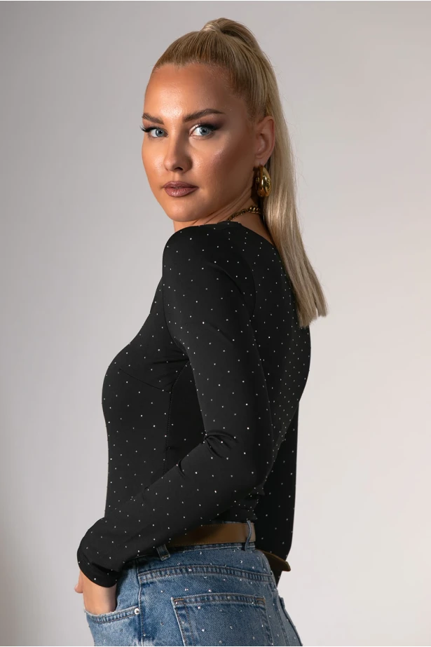 Kορμάκι με τετράγωνη λαιμόκοψη και στρας μαύρο