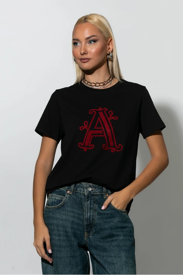 T-shirt με patch A μαύρο-μπορντό