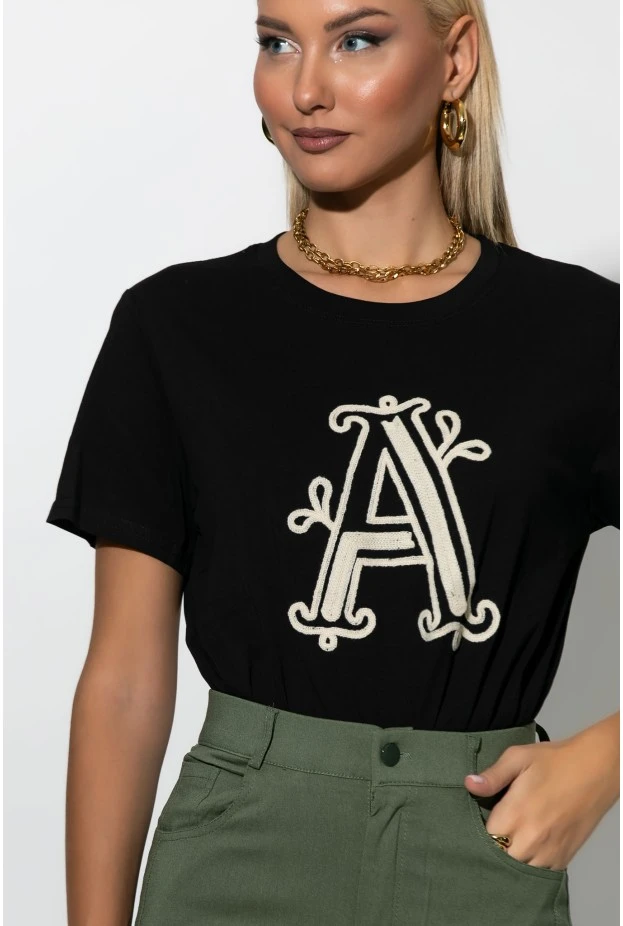 T-shirt με patch A μαύρο-μπεζ