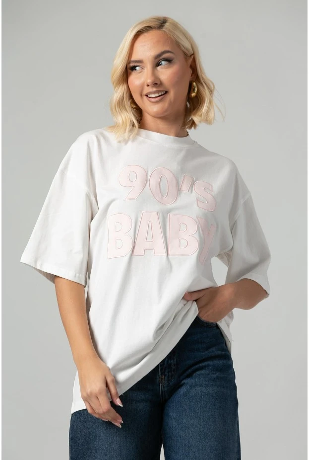 T-shirt oversized με patch 90s baby λευκό