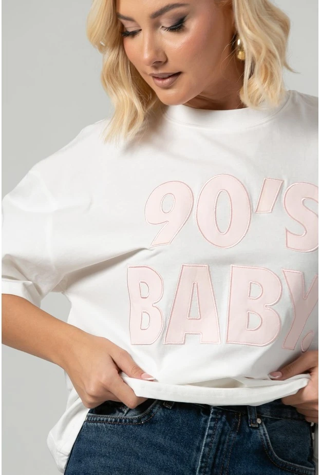 T-shirt oversized με patch 90s baby λευκό