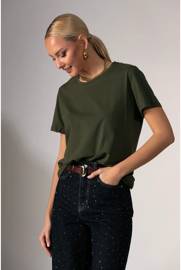 Basic t-shirt με στρογγυλή λαιμόκοψη χακί