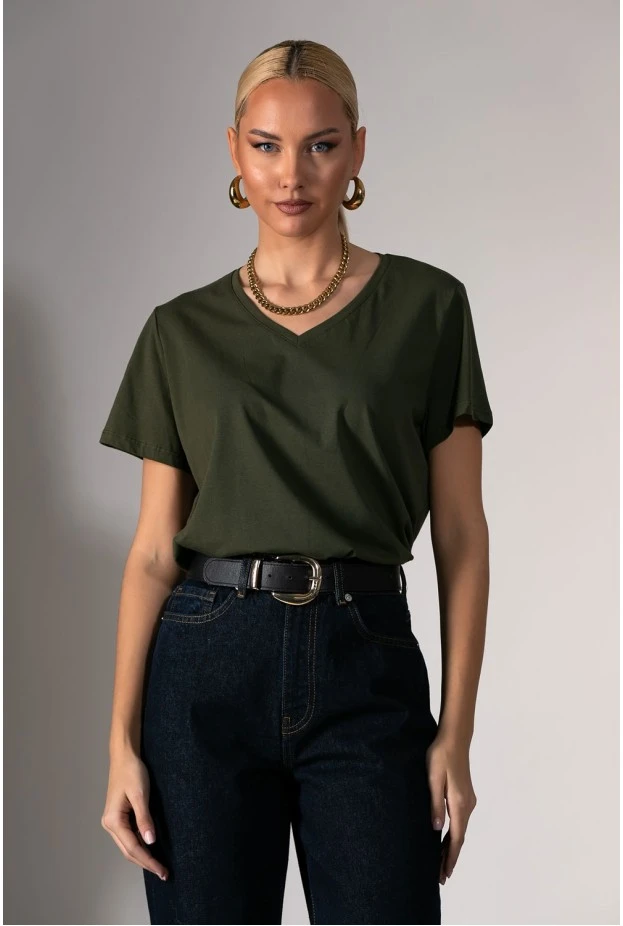 Basic t-shirt με v λαιμόκοψη χακί